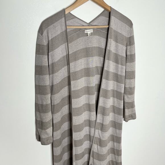 Garnet Hill Women's Linen Duster Long Cardigan Size Small Gray Beige Striped - Picture 3 of 10